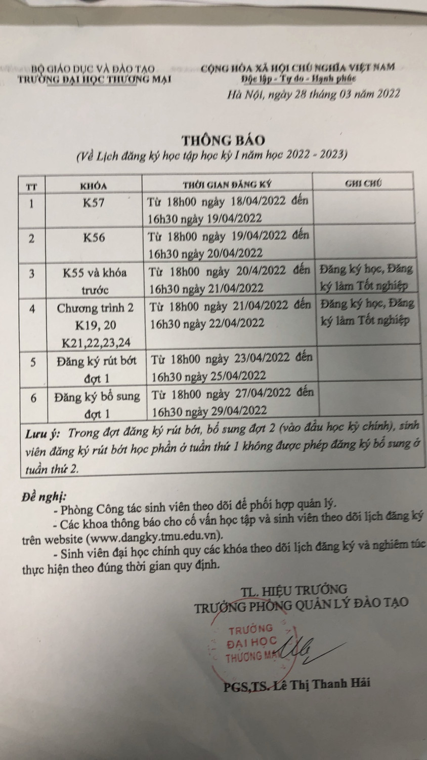 Thông báo lich đăng kí tín chỉ