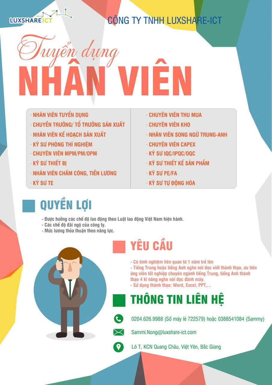 CÔNG TY TNHH LUXSHARE-ICT QUANG CHÂU 2 THÔNG BÁO TUYỂN NHÂN VIÊN CÁC BỘ PHẬN