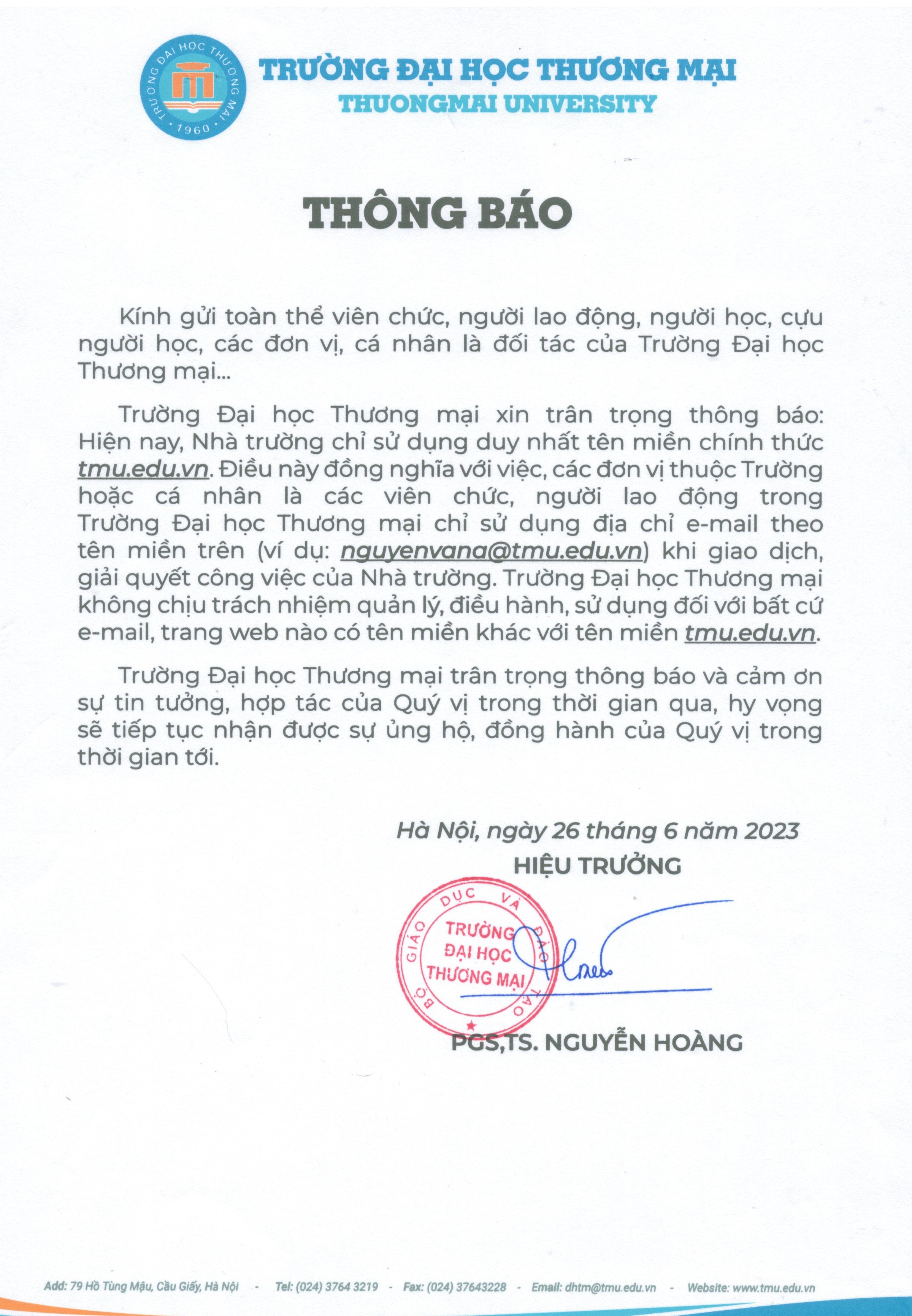 Thông báo về tên miền chính thức của website và email Trường Đại học Thương mại