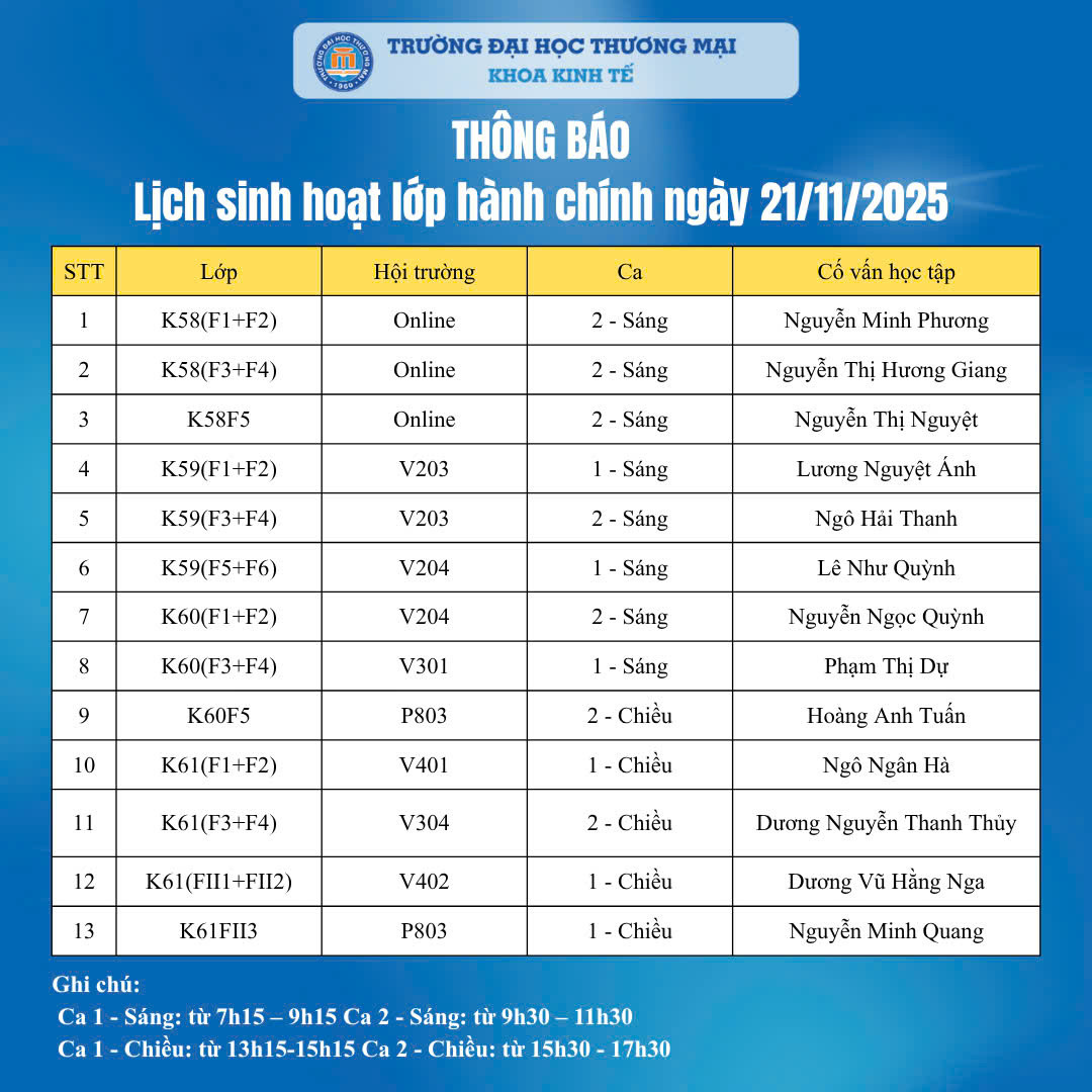 THÔNG BÁO LỊCH SINH HOẠT LỚP HÀNH CHÍNH NGÀY 21/11/2025