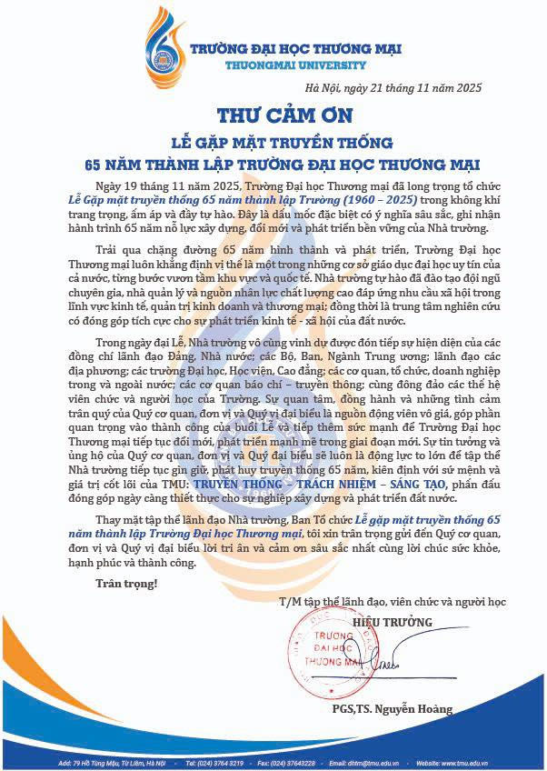 THƯ CẢM ƠN LỄ GẶP MẶT TRUYỀN THỐNG 65 NĂM THÀNH LẬP TRƯỜNG ĐẠI HỌC THƯƠNG MẠI