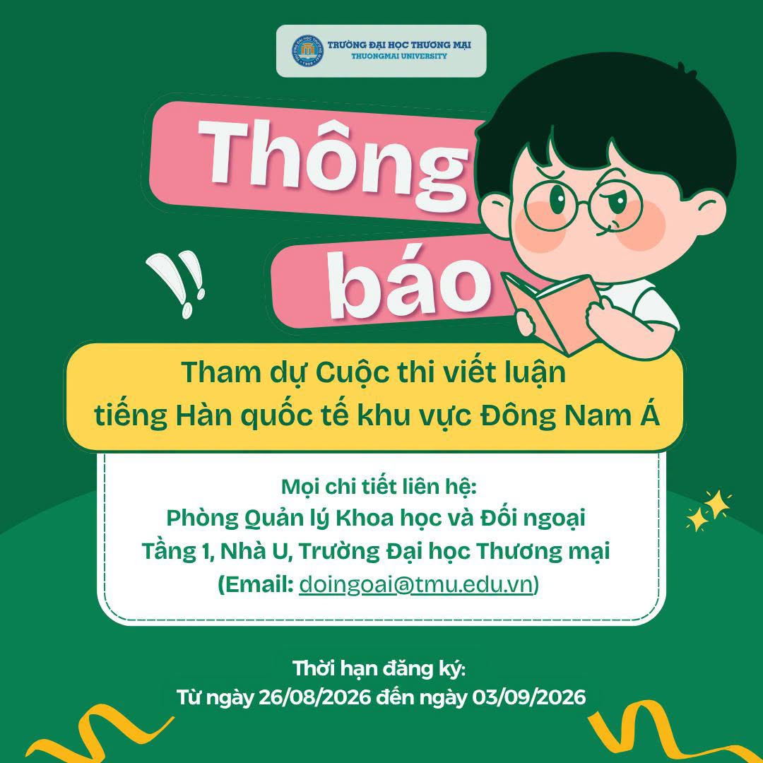 Thông báo đăng ký ứng tuyển tham dự Cuộc thi viết luận tiếng Hàn quốc tế khu vực Đông Nam Á - “2026 Sungkyun Korean Essay Contest – Southeast Asia Regional Round” do Đại học Sungkyunkwan (Hàn Quốc) tổ chức